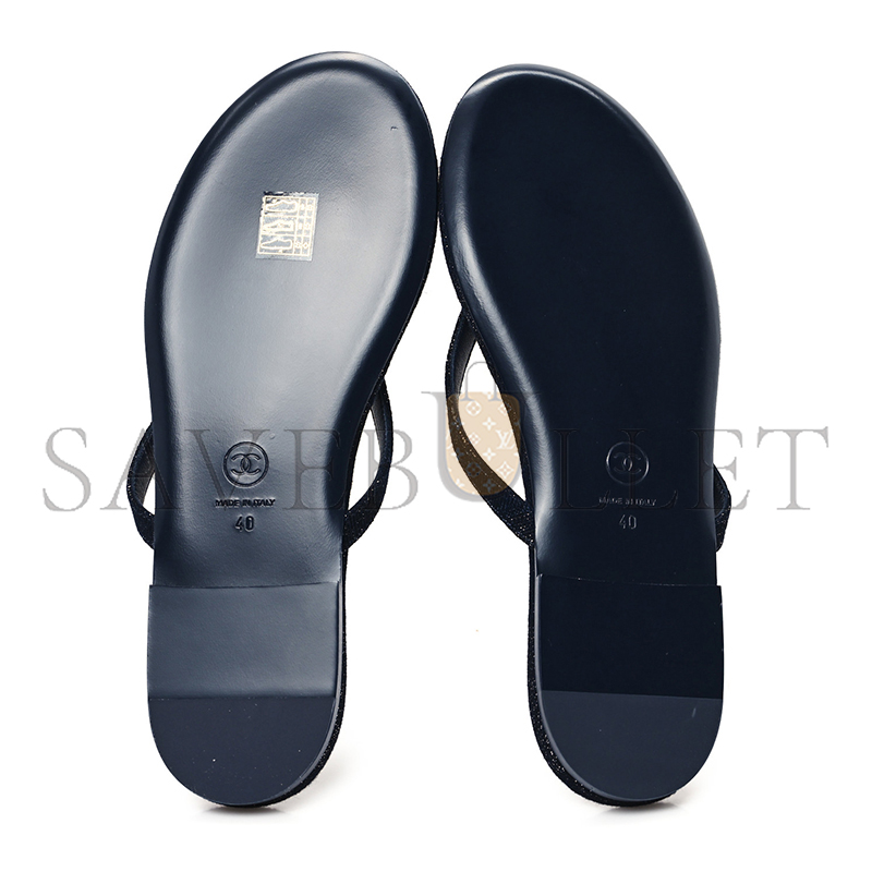 Ch*el cotton silk crystal cc thong sandals dark blue silver 362268